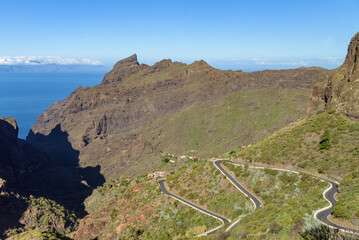 Aerial view of winding road to Masca village on Tenerife