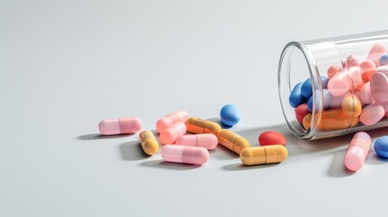 Bottle and scattered pills on a colored background, Space for text