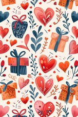 Abstract colorful seamless holiday pattern of hearts, flowers, present boxes for valentine's day decorating on white background. Concept of wedding, love anniversary or Valentine's day celebtation