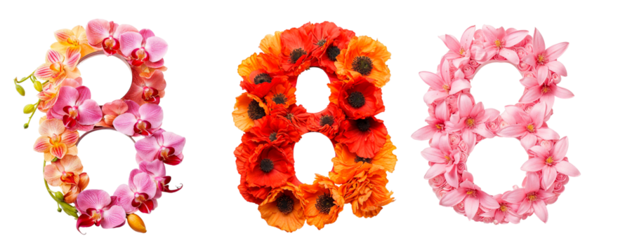 The number 8 is made of beautiful flowers isolated on a transparent background. The figure is 8 for the 8th of March. Women's Day. Clipart