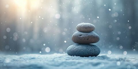 Obraz na płótnie Canvas a stack of stones on a snowy field in zen style Ai generative