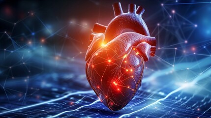 Digital human heart model with network connections on blue background