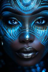 Mode und Hoher Kontrast, Gesicht einer afrikanischen Frau, gletscherblaue Augen, schillerndes, starkes Make-up, Wimpern, fraktale Muster, sorgfältige Details, dramatische Beleuchtung © GreenOptix