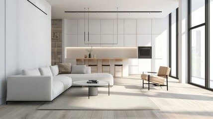 clutter-free living room with clean lines, neutral colors, and minimal furniture to create a serene and modern ambiance