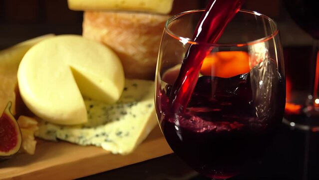 close-up shot of red wine being poured into a glass glass against the background of sliced cheese and fire in the fireplace in slow motion. High quality 4k footage