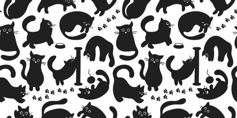 Pattern of black cute Cats. Cheerful and funny Kittens play and sleep. Print for children or Pet store for cat products. Life of a pet. Footprints. Animal tracks. Doodle style. Vector illustration.