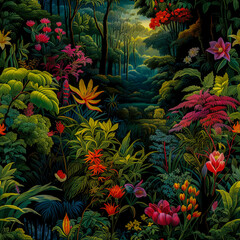 Obraz na płótnie Canvas Seamless pattern with tropical plants and flowers in the jungle.
