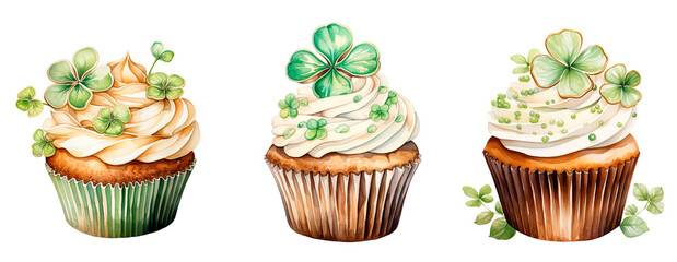Festive cupcakes with clover decor. Dessert for St. Patrick's Day. a festive table. Clipart, desserts carved on a transparent background