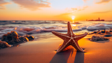 Gros plan sur une étoile de mer sur une plage avec un coucher de soleil en arrière plan.