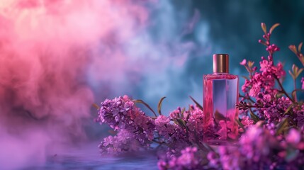 Perfume background with copy space, featuring a luxurious, feminine, elegant, and modern glass bottle set against an appealing backdrop