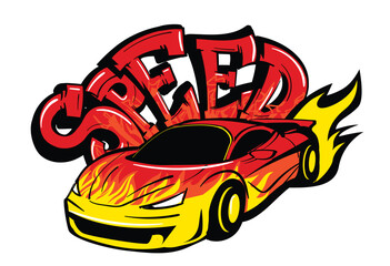 Red sport car with fire track on white background. Modern speed automobile with text "Speed" drawing in street art style.