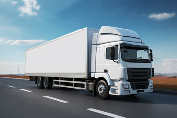 Cargo truck on road with a white blank mockup empty trailer