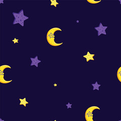 Seamless pattern with stars and moon. Vector background for gift wrapping paper, fabric, clothes, textile, surface textures, scrapbook.