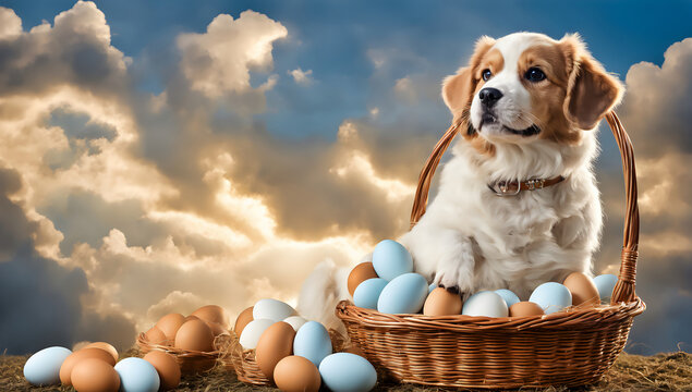 A dog is placing its paw on a basket filled with Easter eggs against the backdrop of a beautiful sky
