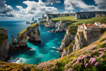 A picturesque coastal scene, where rugged cliffs meet the azure embrace of the sea, capturing the...
