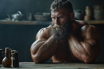 Healthy big strong power huge man with a beard with pumped up muscles in excellent physical shape working profession - obrazy, fototapety, plakaty
