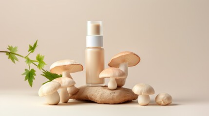 Fototapeta na wymiar Concept of woman beauty cosmetic product from mushrooms. Mushroom-Based Cosmeceutical Formulations. Skincare trend. Natural organic beauty cosmetic product with fungi. Mycocosmetic
