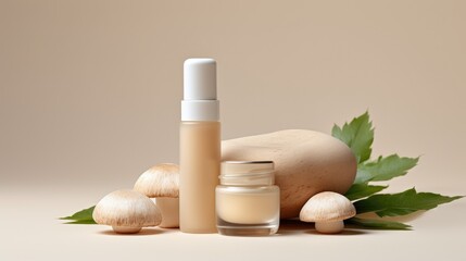 Fototapeta na wymiar Concept of woman beauty cosmetic product from mushrooms. Mushroom-Based Cosmeceutical Formulations. Skincare trend. Natural organic beauty cosmetic product with fungi. Mycocosmetic