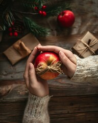 Rustic Christmas Concept with Hand Holding Apple
