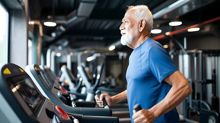Fototapeta na wymiar Senior indian asian man on a treadmill at the gym