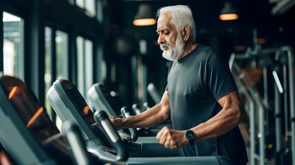 Senior indian asian man exercising on a treadmill at the gym - obrazy, fototapety, plakaty
