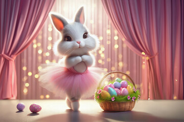 Fototapeta premium Easter bunny dressed as a ballerina next to a basket of eggs