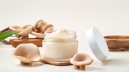 Fototapeta na wymiar Cosmetic beauty product with mushrooms. Jar of skin care cream and mushrooms. Natural, organic cosmetics face cream, body cream, mask. Mushroom skin care
