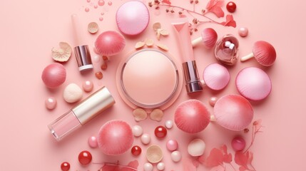 Flatly composition of beauty cosmetic product  and mushroom on pink background, skincare trend, cosmetic mushrooms, organic eco friendly product Mushroom-Based Cosmeceutical Formulation