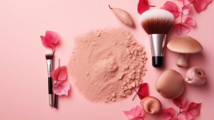 Obraz na płótnie Canvas Flatly composition of beauty cosmetic product - brush, powder and mushroom on pink background, skincare trend, cosmetic mushrooms, organic eco friendly product Mushroom-Based Cosmeceutical Formulation