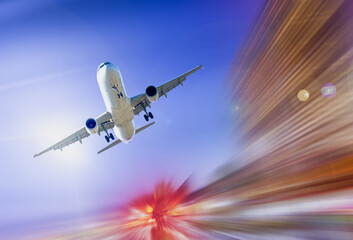 Airliner in motion on background of high speed traveling in sky