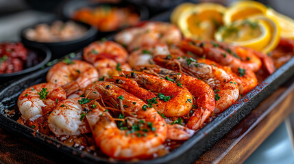 Grilled tiger shrimps with spice and lemon. Grilled seafood.. Shrimps prawns brochette kebab. Barbecue srimps prawns. Delicious roasted shrimps on plate with lemon. Menu concept.