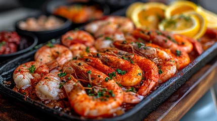 Fototapeten Grilled tiger shrimps with spice and lemon. Grilled seafood.. Shrimps prawns brochette kebab. Barbecue srimps prawns. Delicious roasted shrimps on plate with lemon. Menu concept. © Cristina