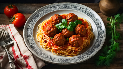 Delicious appetizing meatballs with spaghetti, tomato sauce in the kitchen - obrazy, fototapety, plakaty