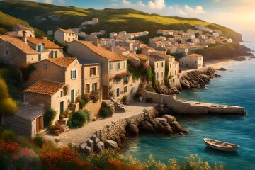charm of a small American coastal town, with charming houses nestled along the shoreline as waves gently caress the sandy beaches in the early morning light - obrazy, fototapety, plakaty