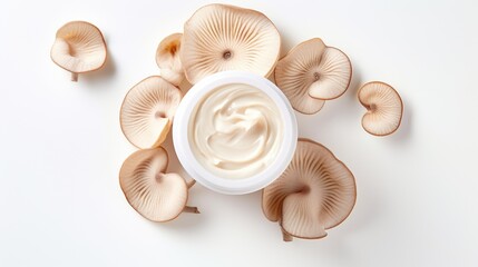 Top view flat lay composition of jar of skin care cream and reishi mushroom on a white background, skin care trend, cosmetic mushrooms, natural organic eco - friendly product. Mushrooms beauty product - obrazy, fototapety, plakaty