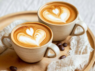 Two cups of coffee, with a heart drawing on the coffee. Valentine's Day.