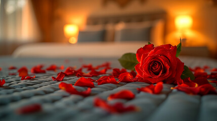 Red rose Place on a clean white bed. And a red rose petals strewn around. - obrazy, fototapety, plakaty