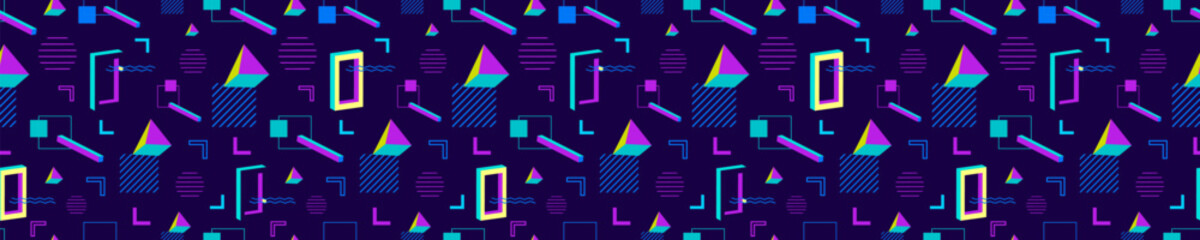 Geometric blue memphis 3d seamless pattern. Tracery with abstract purple pyramid and square lines with yellow triangle colorful retro vector decoration.