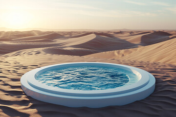 Fototapeta na wymiar round luxury tub, bath, jacuzzi is in the middle of a desert with sand dunes, sunlight