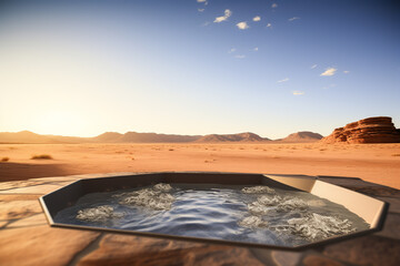 round luxury tub, bath, jacuzzi is in the middle of a desert with sand dunes, sunlight
