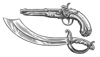 Vintage gun and saber of pirate. Ancient musket or pistol, sword sketch. Hand drawn vector illustration