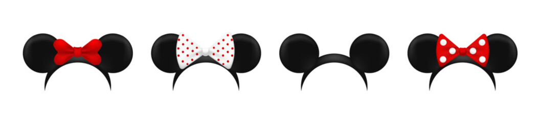 Mouse ears mask template. Black cute hats with red bows for fun parties and carnival with cartoon vector design elements - obrazy, fototapety, plakaty