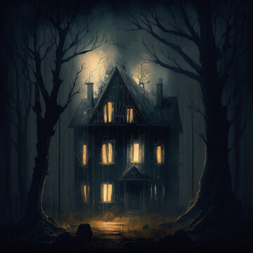 Creepy House at Night Under the Moon - Generative AI Artwork