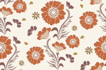 flower border frame background vintage  flower motifs. Ethnic Ikat pattern Europe baroque style. Bohemian orange colour vector illustration design