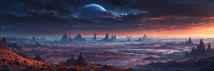 A futuristic alien landscape: unearthly planet with a mountains, night sky filled with stars and clouds - obrazy, fototapety, plakaty