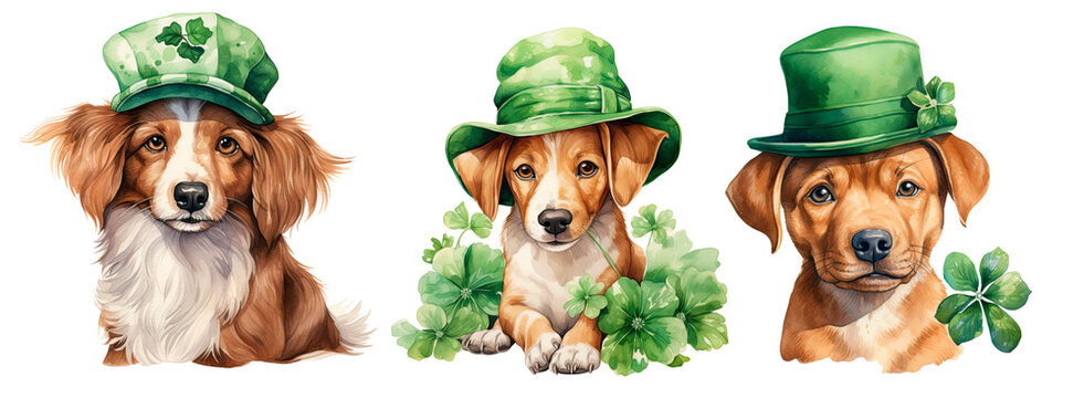 Cute cartoon animals in green costumes for St. Patrick's Day. St. Patrick's Day decor. Clipart on a transparent background