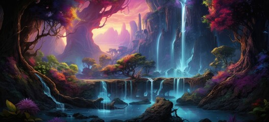 Fantasy landscape with magical waterfalls and lush flora. Digital art and creativity. Banner.