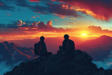 Two mountain climbers admiring the sunrise sitting on a ledge with backpacks, silhouettes visible against the colorful sky. - obrazy, fototapety, plakaty