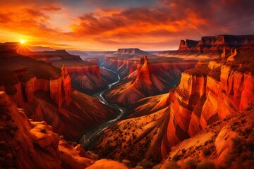 dramatic beauty of an American canyon, where rugged rock formations rise majestically against the backdrop of a vivid, fiery sunset