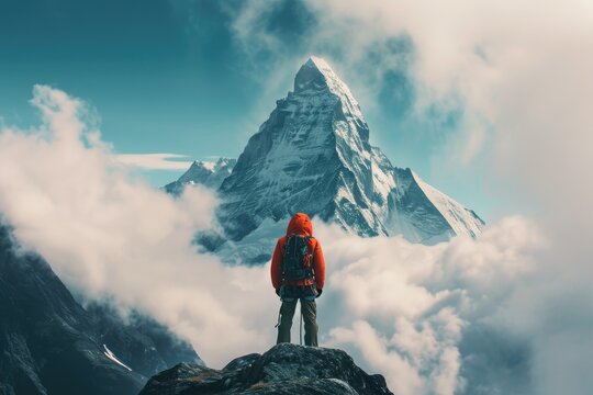 Climber ready to challenge the highest peaks in the world, majestic mountain looms ahead. Man facing his fears.